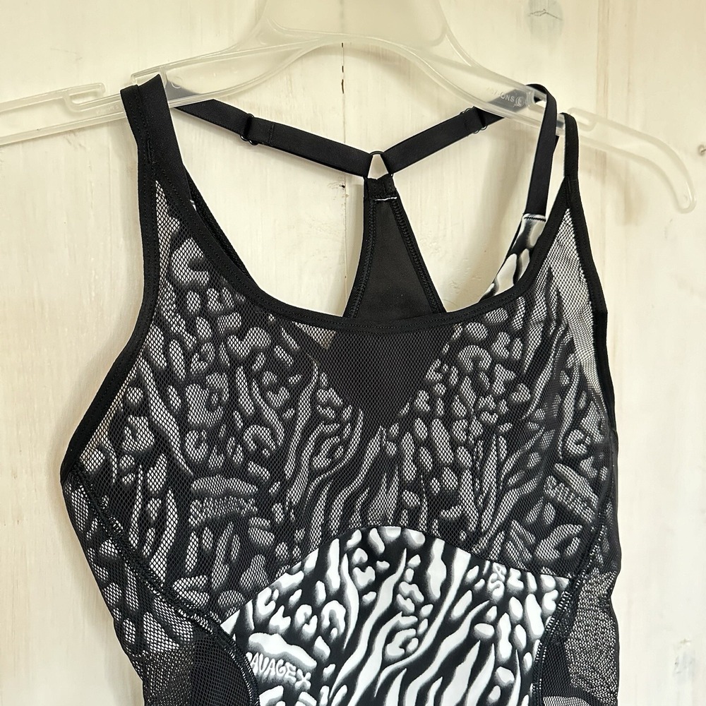 Savage X Fenty Sport Rihanna Animal Print Mesh High Leg Bodysuit Black White S - Picture 5 of 11
